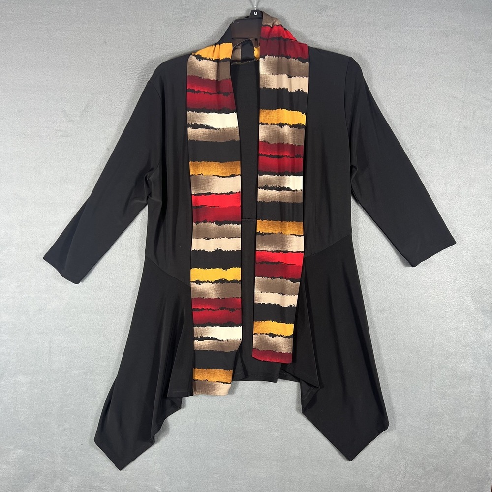 Bali Women's Black Cardigan Top Asymmetrical Hem Open Front Scarf Detail 3/4